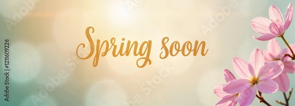 Fototapeta Spring soon text with pink flower blossoms on soft background