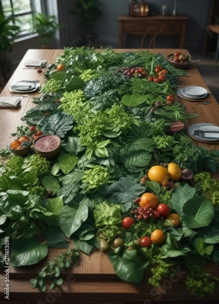 Fototapeta Enormous leafy green sprawls across the tabletop, grande, verde, folhagem