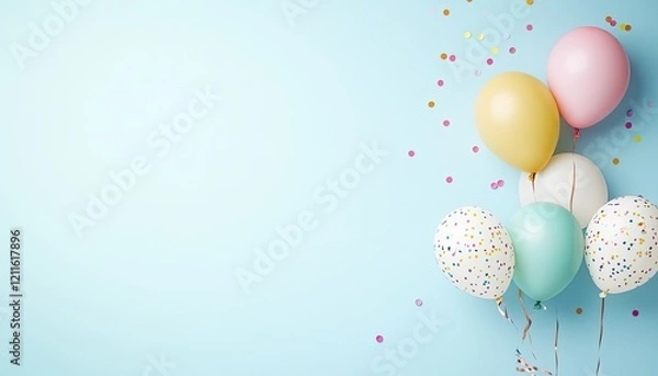 Fototapeta Colorful balloons with confetti on a light blue background, perfect for celebration themes