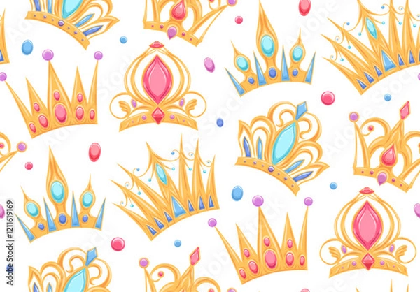 Fototapeta Vector seamless pattern with golden crowns and precious stones on white background. Texture with royal insignia. Wallpaper with tiaras for princesses and queens