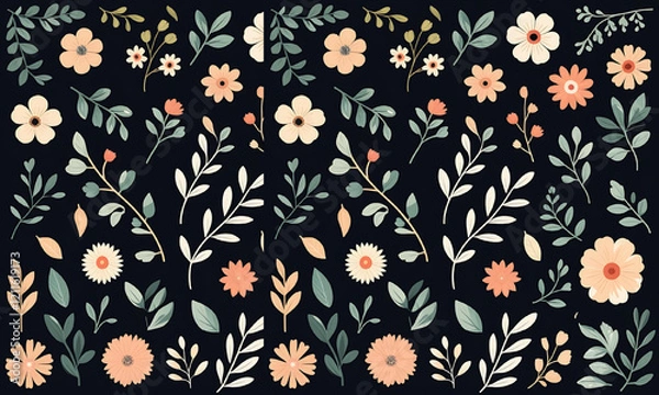 Fototapeta Set of boho simple geometric branch and flowers. Botanic design elements in wavy and vintage style. Leaves and branches print for logo, social media or packaging and greeting card. Vector illustration