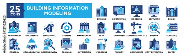Obraz Building Information Modeling icon collection set. Containing design, information, development, construction, technology, and more. Solid vector icons collection.	