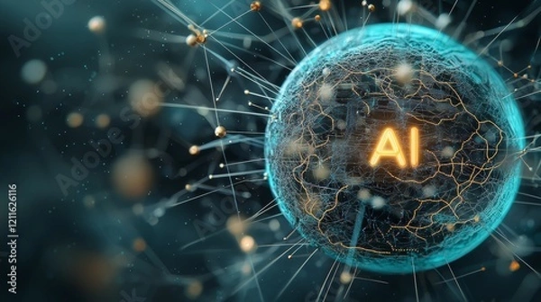 Obraz Exploring the Intersection of Technology and Artificial Intelligence: A Sphere with a Letter Symbolizing Innovation Surrounded by Intricate Wires