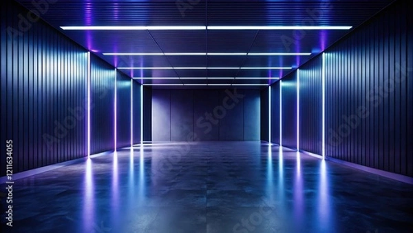 Fototapeta Futuristic Corridor with Neon Illumination and Reflective Floor, Ideal for Modern Presentation or Artistic Background