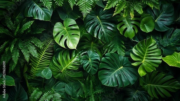Fototapeta A dark green background with various types of leaf