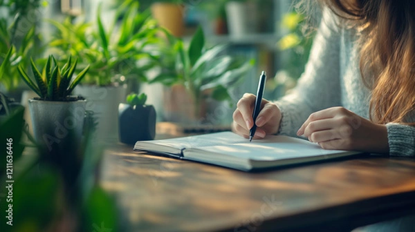 Fototapeta Creative designer writing notes in a notebook and drawing pen on the desk with a modern workspace background.