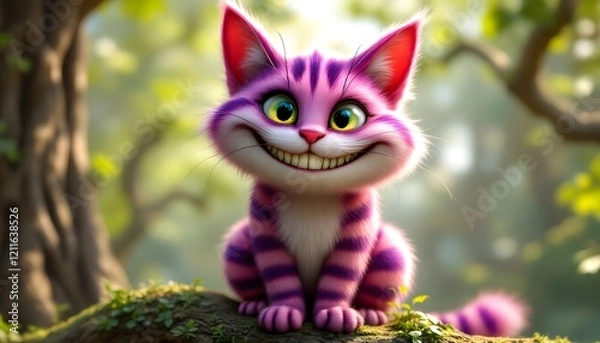 Fototapeta A whimsical Cheshire Cat digital art illustration, sitting on a mossy tree branch in a sun-dappled forest, a cheerful and playful image.
