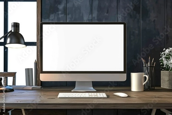 Fototapeta Vibrant Color Visual of Computer on Table in Work Space Mockup