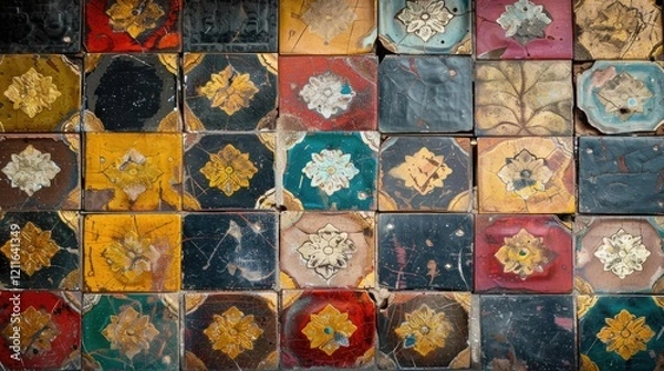 Fototapeta A colorful arrangement of decorative tiles showcasing intricate patterns and textures.