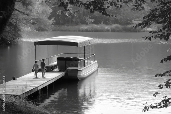Obraz Relaxing Pontoon Boat Floats Near Dock Under Sunny Canopy