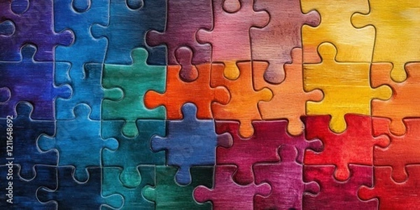 Fototapeta An artistic representation of inclusivity, featuring interconnected rainbow-colored puzzle pieces symbolizing unity