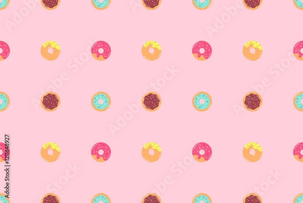 Fototapeta Donut Seamless Pattern Background. Summer background with bakery, buns. Vector seamless background with colorful donuts with icing and sprinkles on pink background. Cover. Flat donut illustration