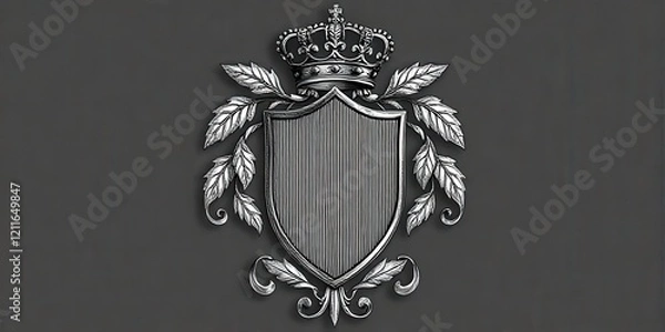 Fototapeta a heraldic shield with intricate leaf-like patterns surrounding it and a crown above.