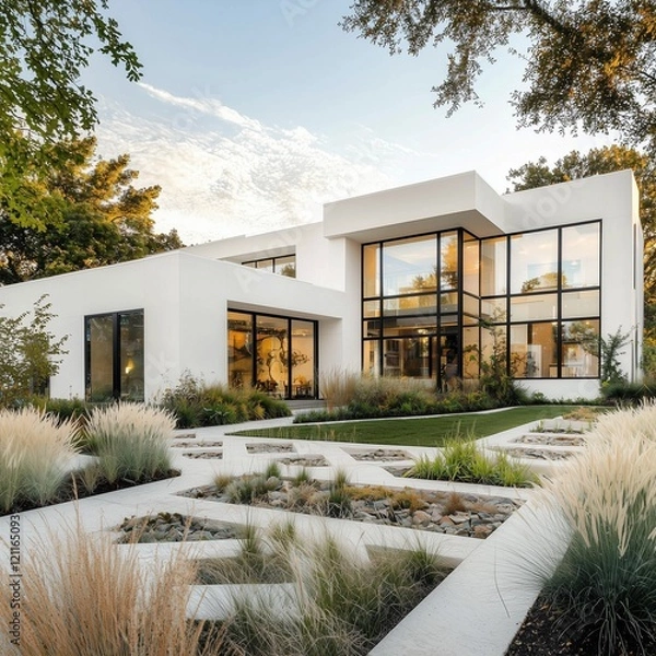 Fototapeta White stucco exterior and large windows in a suburban home with angular garden stones.