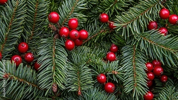 Fototapeta Red Berries and Evergreen Branches