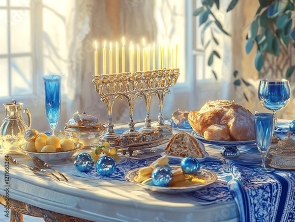 Fototapeta festive hanukkah table blue white candles creating ambiance