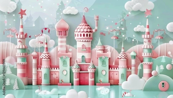 Obraz A whimsical fairytale castle with candy cane accents, white clouds, and a sparkling blue water reflection.