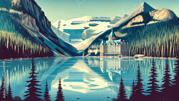 Fototapeta side view of lake Louise in Canada in low poly style