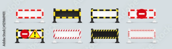 Fototapeta Warning road signs set isolated on background. Vector realistic illustration of 3D borders with traffic speed or movement restriction, caution, stop icons, highway or street repair site symbols