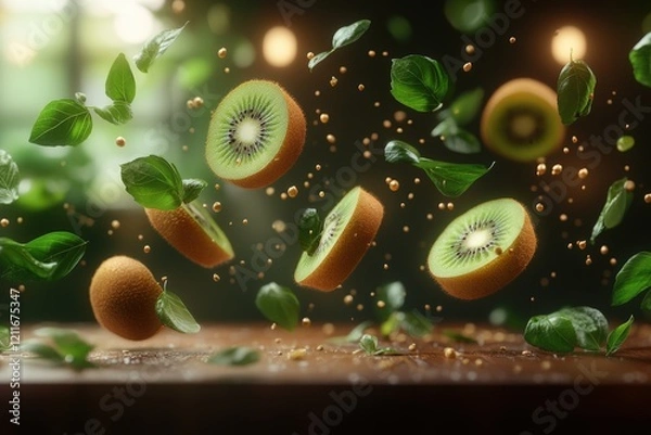 Fototapeta Levitating kiwi fruit slices with green leaves and golden particles against a dark background, creating a vibrant and refreshing image perfect for food, drink, or health-related projects.