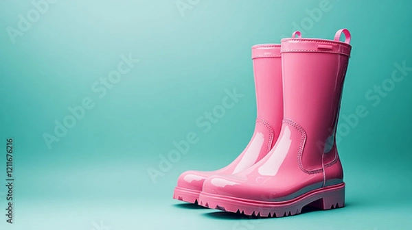 Fototapeta Glossy pink rubber boots on turquoise background