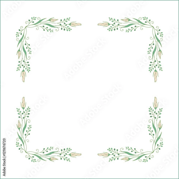 Fototapeta Elegant green vegetal ornamental frame with leaves and beige flowers, decorative border, corners for greeting cards. Isolated vector illustration