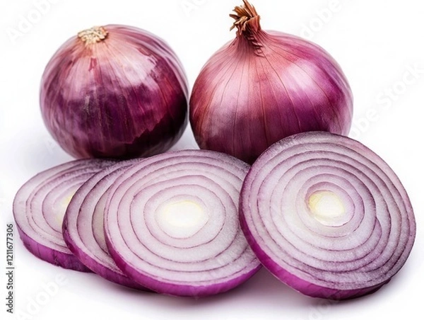 Fototapeta Fresh Purple Onions with Slices Displayed on White Background