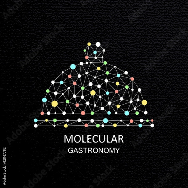 Fototapeta Restaurant menu card design for molecular gastronomy. Abstract molecular structure with products on black backgrounds. Molecular gastronomy. Icon.