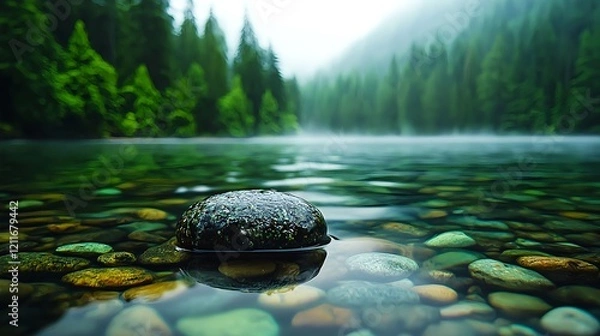 Fototapeta Serene River Scene with Stone and Lush Green Forest Background