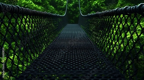 Fototapeta Suspended Bridge Over Lush Greenery in a Tranquil Forest Setting