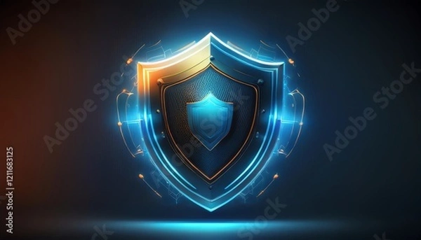Fototapeta A glowing shield emblem with futuristic design, symbolizing protection and security against digital threats.