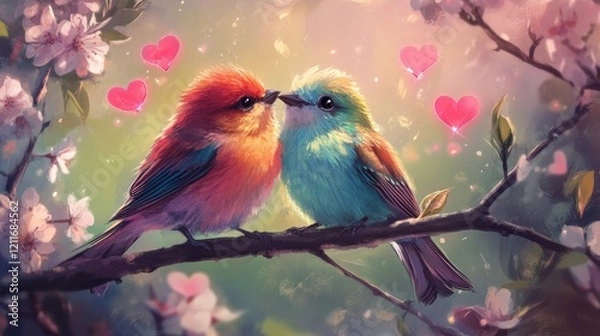 Fototapeta Two colorful birds sit amidst blooming flowers, hearts softly glowing in the air, creating a peaceful, romantic nature scene.