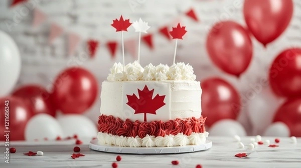 Obraz Festive celebration cake adorned with maple leaf decorations and vibrant balloons in a joyful atmosphere celebrating Canada Day