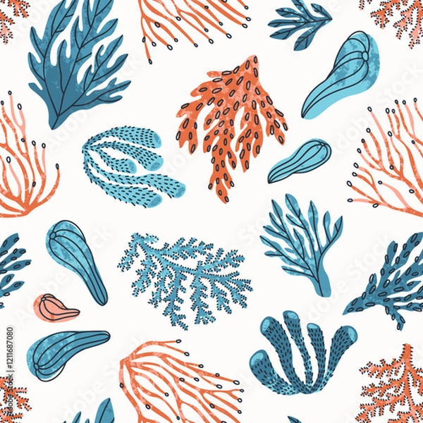 Fototapeta Seamless pattern with corals and underwater plants scattered on a white background. Pattern for summer fabrics. Flat vector illustration