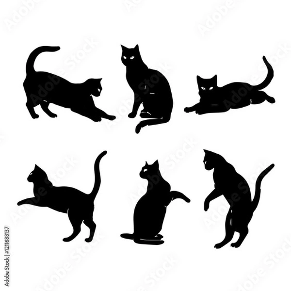 Fototapeta A collection of six black cat silhouettes in various poses, including sitting, stretching, leaping, and playing, displayed on White background.