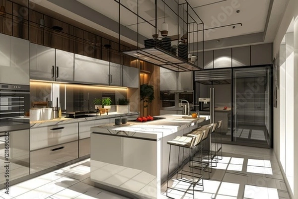 Fototapeta Ultra Hd Visual of 3D Rendering Modern Kitchen Advanced Modeling Interior Design