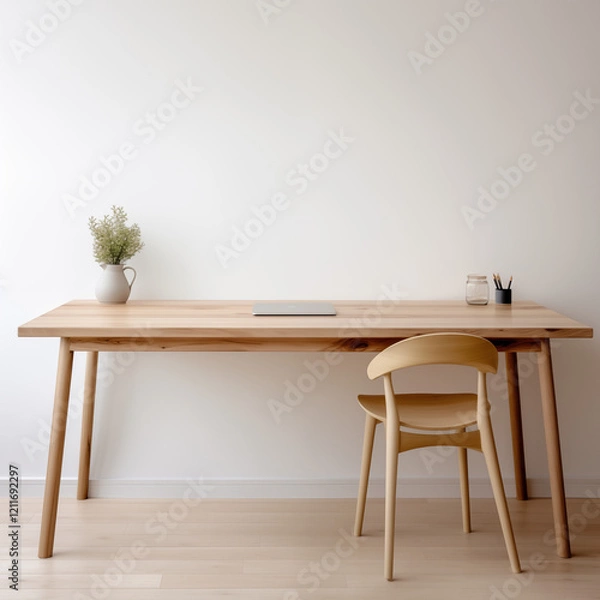 Fototapeta Minimalist Home Office Light Wood Desk Chair Laptop