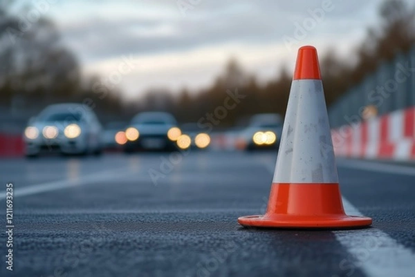 Fototapeta Traffic cone on the road with blurred cars in the background during twilight