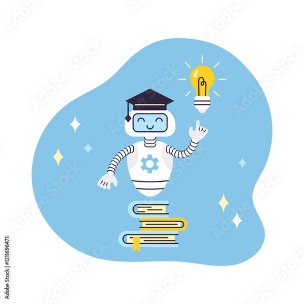 Fototapeta AI Robot assistant points at light bulb. There is stack of books nearby. Artificial Intelligence Virtual Assistant. Concept Data Analytics and education. Isolated vector illustration.