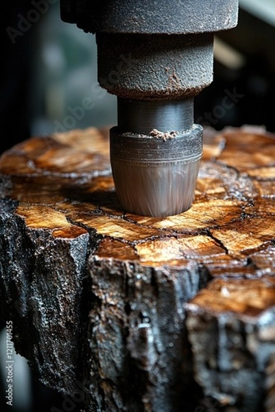 Fototapeta Industrial machine drilling wood grain.