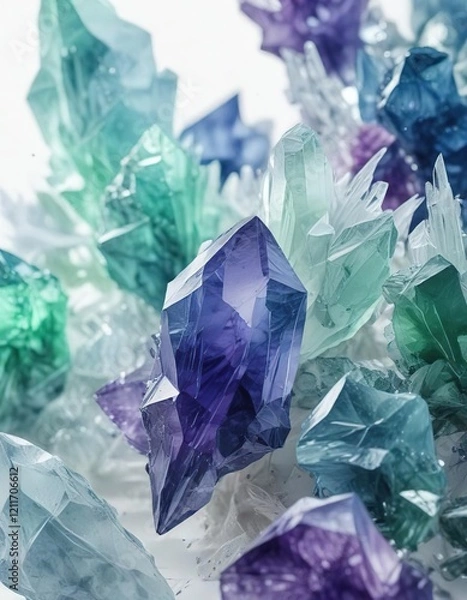 Obraz Delicate watercolor crystals in shades of blue, purple, and green on a white background, pattern, watercolor