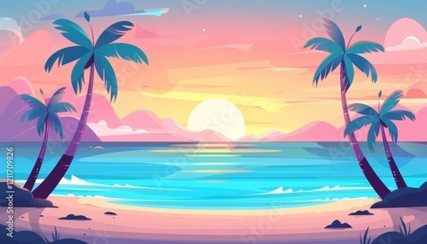 Obraz A vibrant sunset over a tropical beach with palm trees and a calm sea.