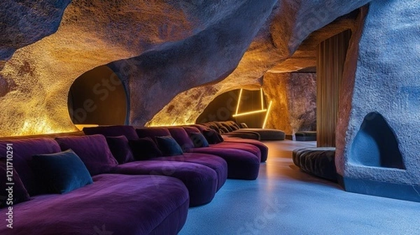 Fototapeta Luxurious cave spa with purple velvet loungers and warm lighting.