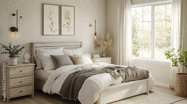 Fototapeta Serene Bedroom Interior Design: Minimalist and Cozy Space