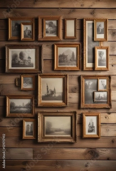 Fototapeta Collection of vintage style photo frames on a rustic wooden wall, nostalgia, memories