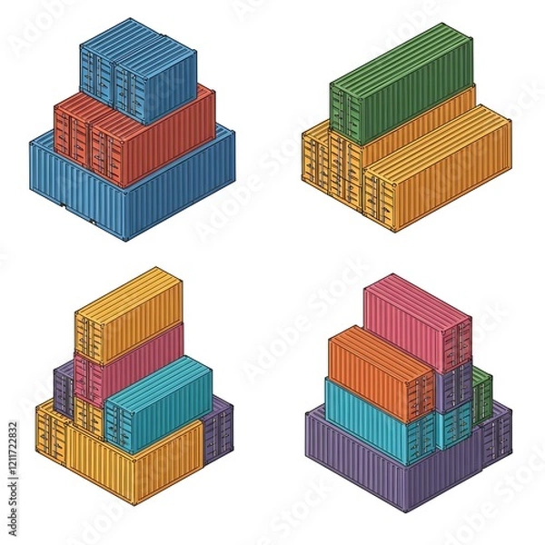 Fototapeta Isometric style, different colors of shipping containers stacked on top of each other in four positions and angles, vector art
