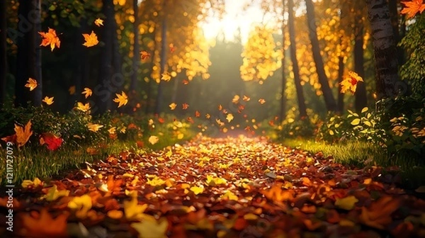 Fototapeta Serene Autumn Pathway with Falling Leaves and Golden Light