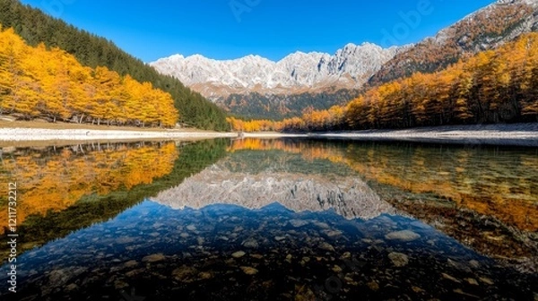 Fototapeta Autumn Reflections on a Serene Mountain Lake with Vibrant Foliage