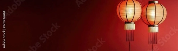 Fototapeta Two illuminated Chinese lanterns hang against a red wall