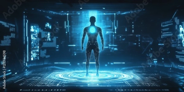 Fototapeta Futuristic digital human body scan in a virtual environment.